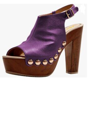 FSJ Purple Studded Platform Heels Slingback Wooden Block Heel Ankle Strap Sandal